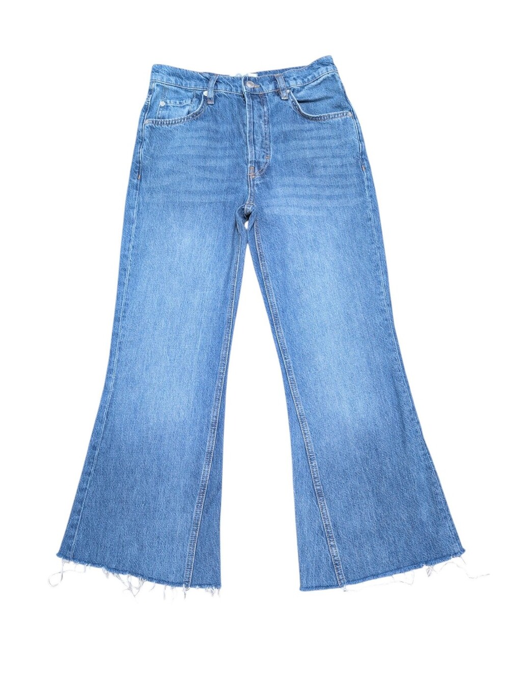 We The Free Free People Flare Jeans Blue High Rise Button Fly Raw Hem‎ Size 24